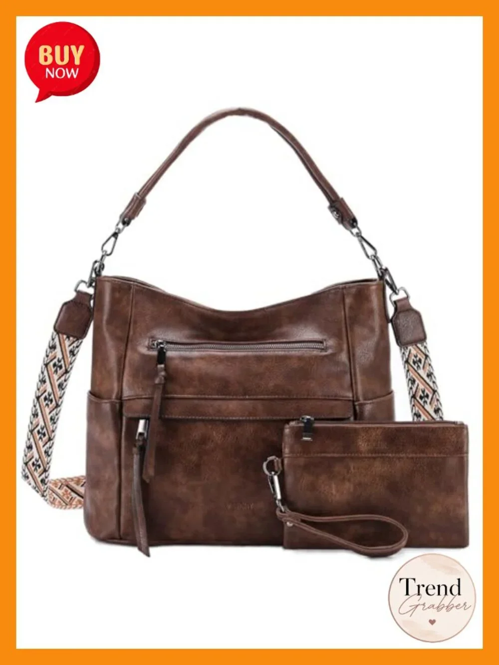 Vegan Leather Hobo Bag with Wallet Set, Tote with Guitar Strap, Medium, Zippered
